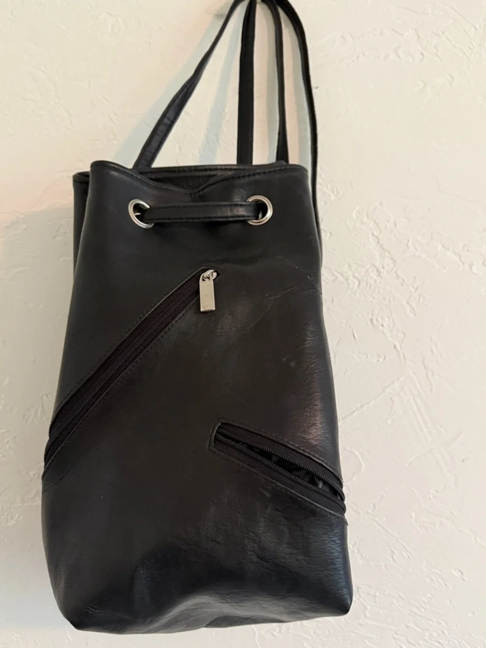 Excel Handbags Co Black Vegan Leather Drawstring Backpack One Size
